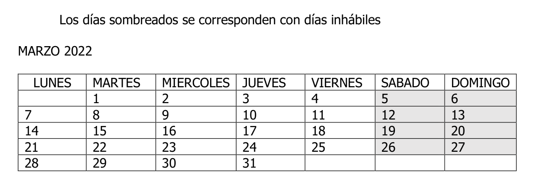 Calendario de marzo de 2022 con la leyenda «Los días sombreados se corresponden con días inhábiles»; sombreados los sábados y domingos.