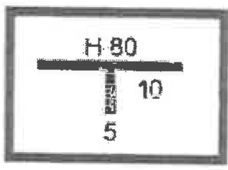 Señal rectangular de hidrante: rótulo «H 80» sobre una línea horizontal, con una línea vertical que baja desde el centro; a su derecha la cifra «10» y debajo la cifra «5». Según el enunciado, fondo blanco, contenido negro y perímetro rojo.