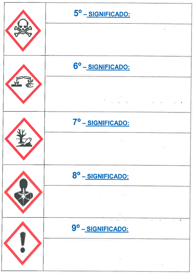 Tabla con los pictogramas de peligro 5.º a 9.º (calavera, corrosión, medio ambiente, peligro para la salud y signo de exclamación) y una casilla en blanco para su significado.