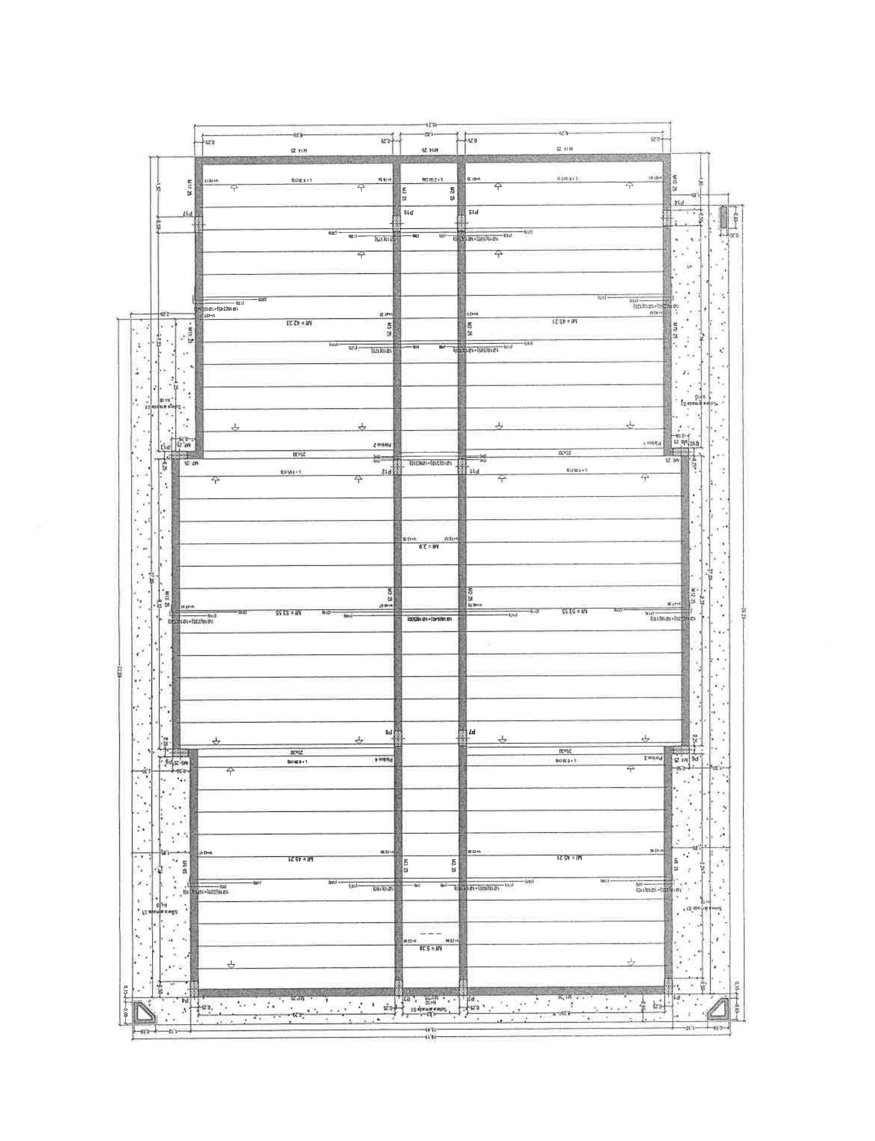 Plano de forjado a escala 1/100: forjado unidireccional de viguetas en tres paños, con vigas, cotas y referencias de armado.