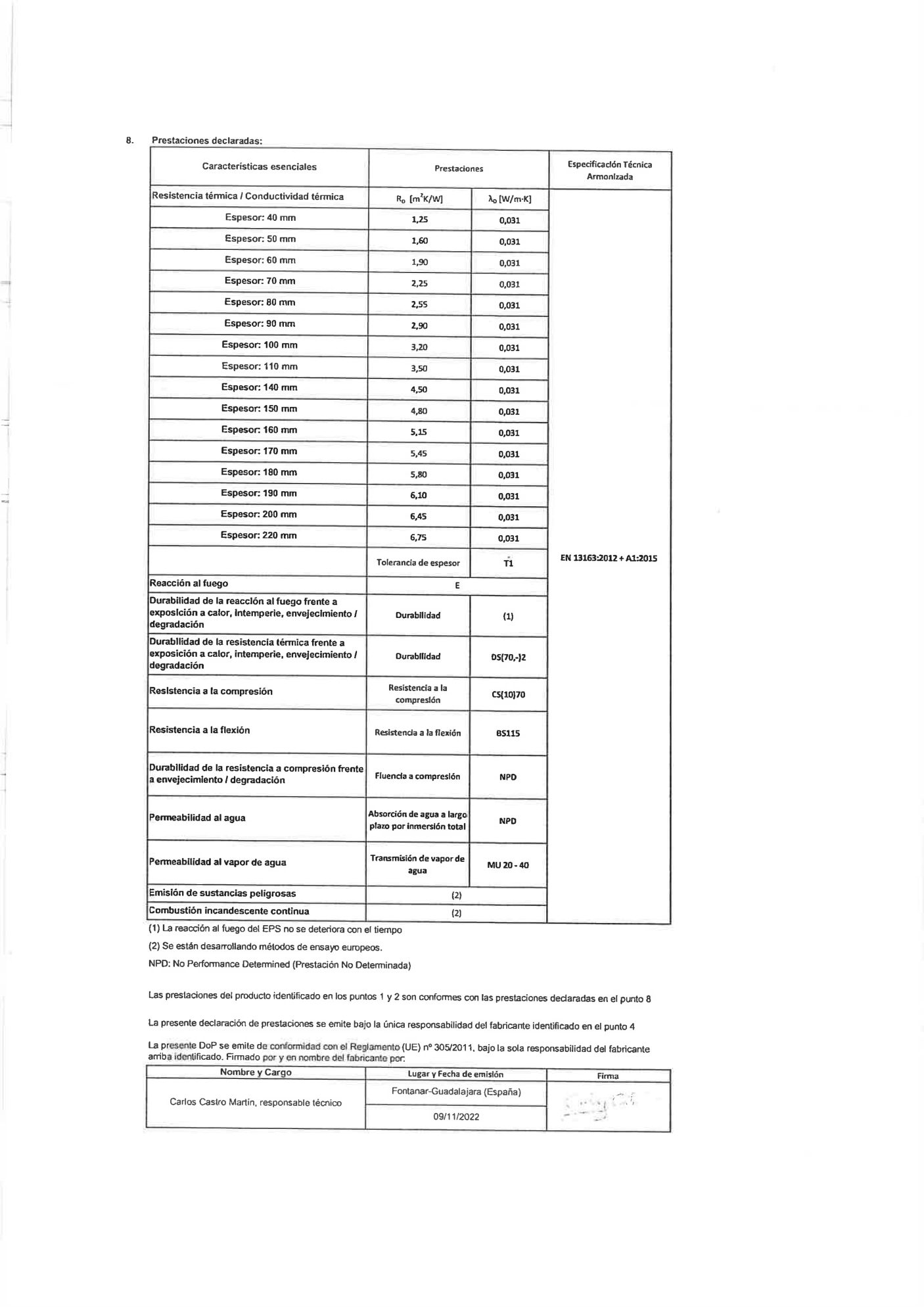 Declaración de prestaciones del aislante DANOTHERM EPS GRAFITO (poliestireno expandido, DANOSA) (página 2 de 2), aportada como ficha de material del supuesto: identificación del producto, fabricante y prestaciones declaradas.