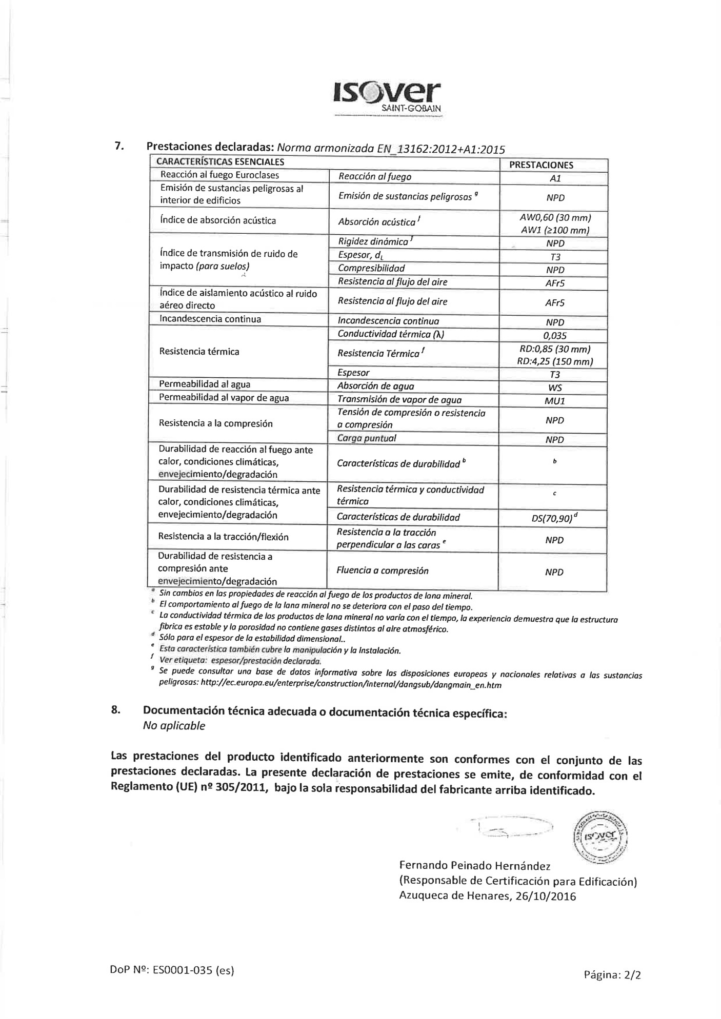 Declaración de prestaciones del aislante ISOVER ECOVENT VN035 (lana mineral, Saint-Gobain Isover) (página 2 de 2), aportada como ficha de material del supuesto: identificación del producto, fabricante y prestaciones declaradas.