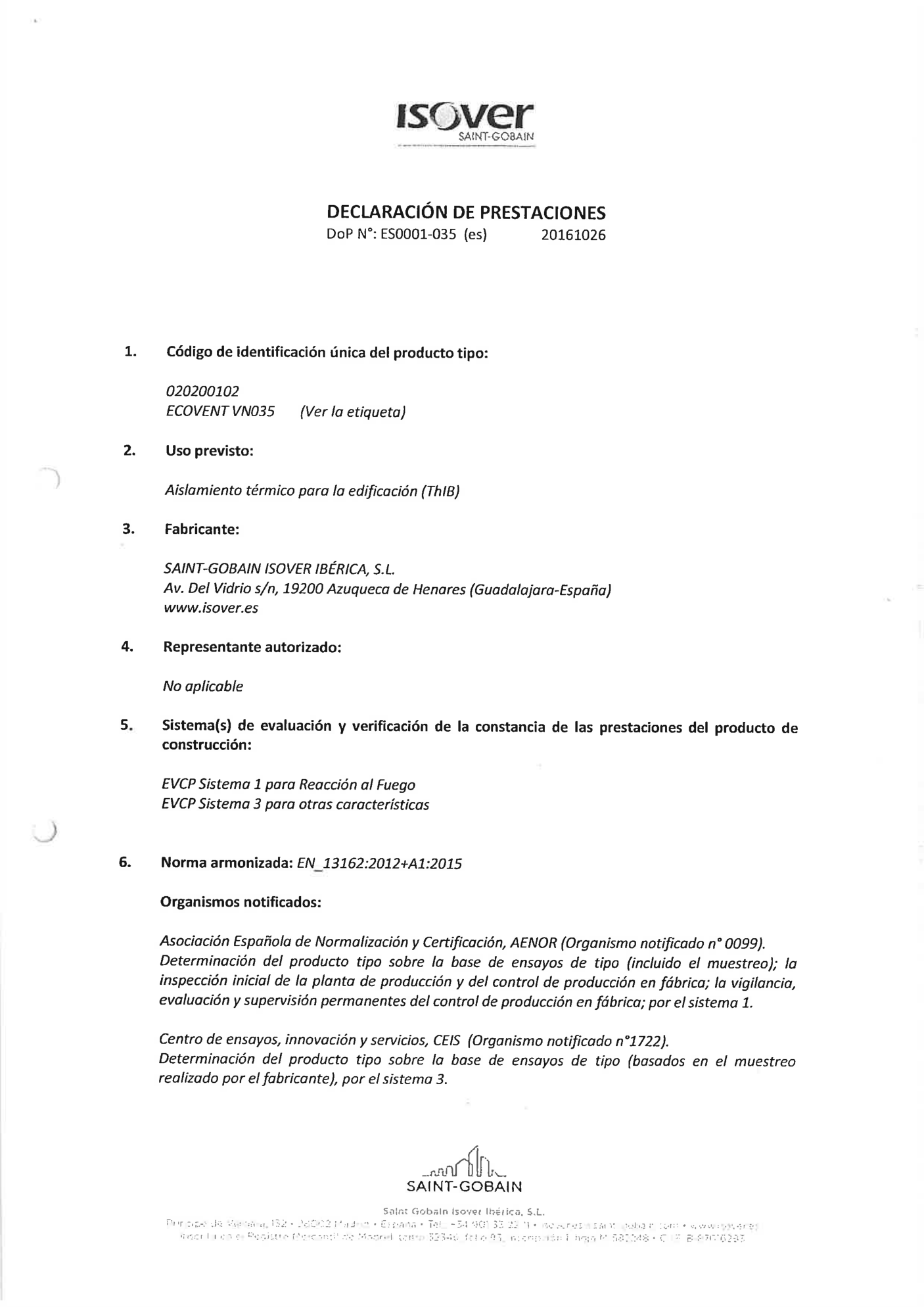 Declaración de prestaciones del aislante ISOVER ECOVENT VN035 (lana mineral, Saint-Gobain Isover) (página 1 de 2), aportada como ficha de material del supuesto: identificación del producto, fabricante y prestaciones declaradas.
