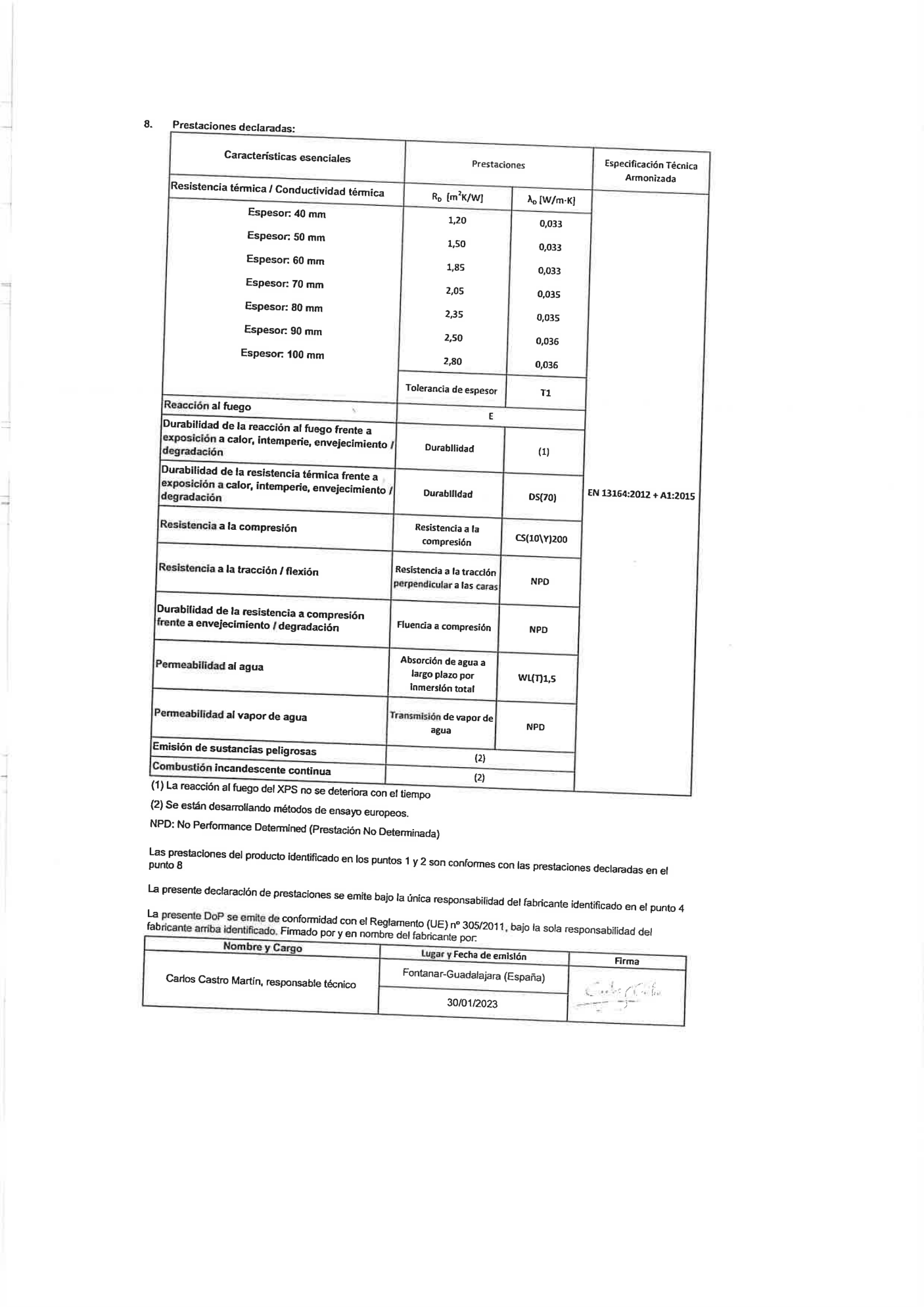 Declaración de prestaciones del aislante DANOPREN FS (poliestireno extruido XPS, DANOSA) (página 2 de 2), aportada como ficha de material del supuesto: identificación del producto, fabricante y prestaciones declaradas.