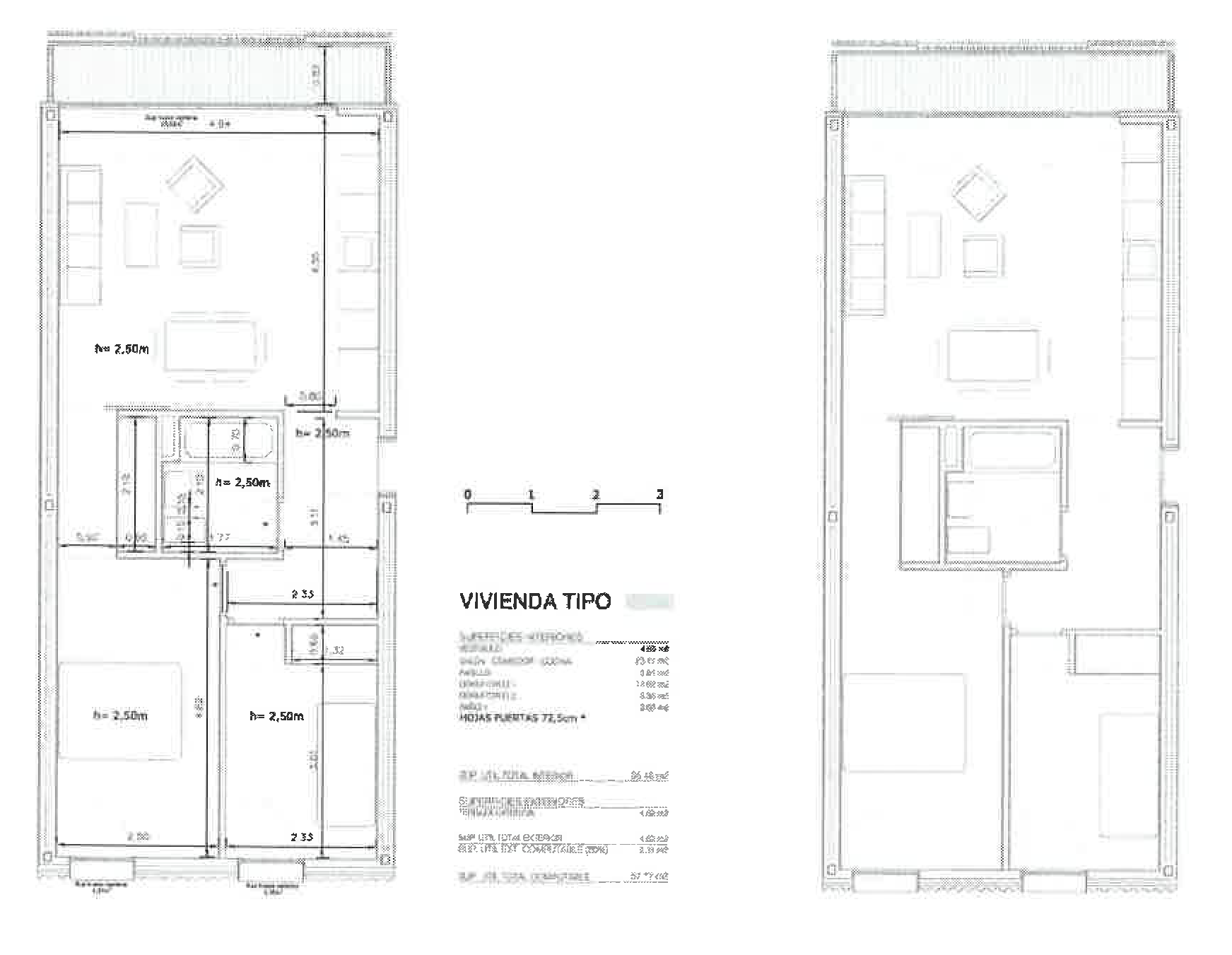 Plano de planta de la vivienda tipo a escala 1:50, en dos versiones (con mobiliario y cotas a la izquierda, sin rotular a la derecha), con escala gráfica y cuadro de superficies útiles «Vivienda tipo».