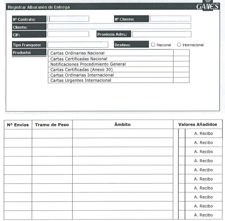 Modelo de albarán de entrega de Correos (aplicación GANES) con los campos a cumplimentar y la tabla de envíos.