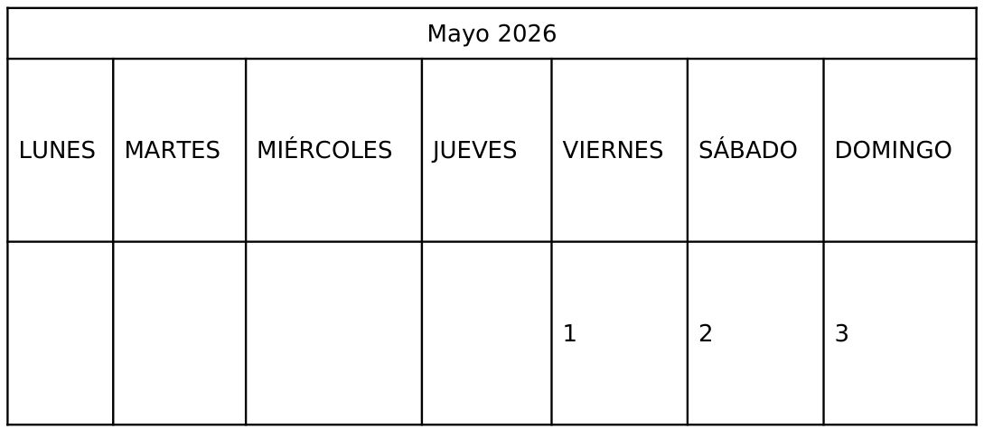 Cabecera del calendario de mayo de 2026: días de la semana y primera fila con el viernes 1, el sábado 2 y el domingo 3.